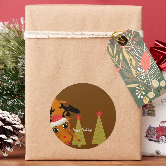Cute Reindeer Classic Round Sticker (Holiday)