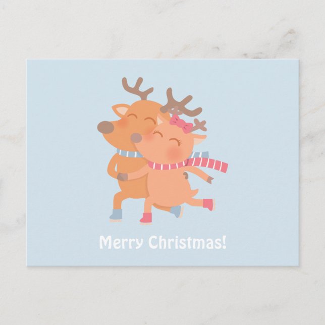 Cute Reindeer Couple on Skates Christmas Postcard (Front)