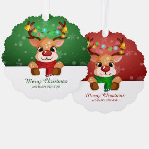 Cute Reindeer Duo Lights Jingle Bells Christmas Ornament Card