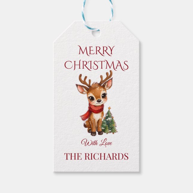Cute Reindeer Editable Christmas Gift Tag  (Front)