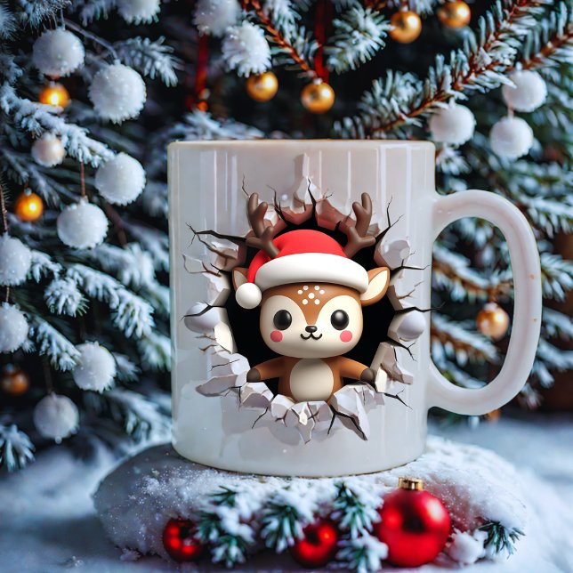 Cute Reindeer Face Christmas with Santa Hat  Coffee Mug (Creator Uploaded)