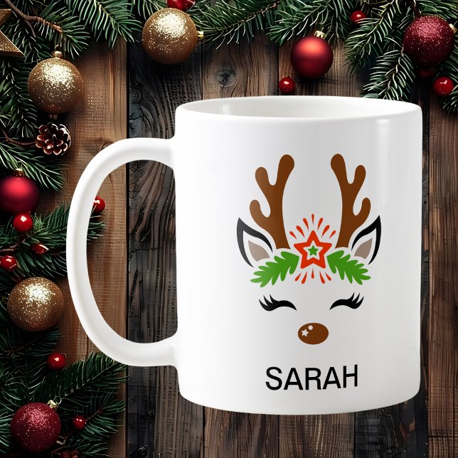 Cute Reindeer Face Custom Name Holiday Coffee Mug (Cute Reindeer Face Custom Name Holiday Coffee Mug
)