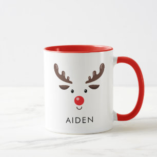 Cute Reindeer Face Mug with Red Handle
