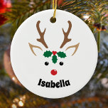 Cute Reindeer Face Personalized Christmas Ornament<br><div class="desc">Our personalized Christmas reindeer face ornament is double-sided,  and features a distinctive red nose,  ears,  antlers and festive holly. It's ideal for making matching decorations for all the family. Customize with a name or the text of your choice.</div>