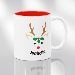 Cute Reindeer Face   Personalized Christmas Two-Tone Coffee Mug
