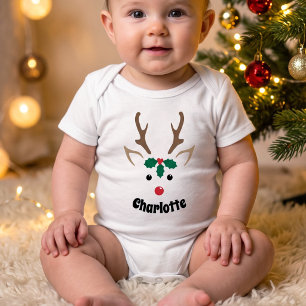 Cute Reindeer Face Personalized Name Christmas Baby Bodysuit