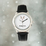 Cute Reindeer Face with Red Nose Name Watch<br><div class="desc">Shows a cute reindeer face with antlers,  ears,  eyes,  and red nose. Modern,  minimalist silhouette. Customize and personalize the name below the deer face.
Terrific for children,  teens,  and adults for the Christmas holiday in December. Get into the festive spirit with this adorable animal.</div>