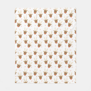 Cute Reindeer Faces Pattern Snowflakes Winter Fleece Blanket