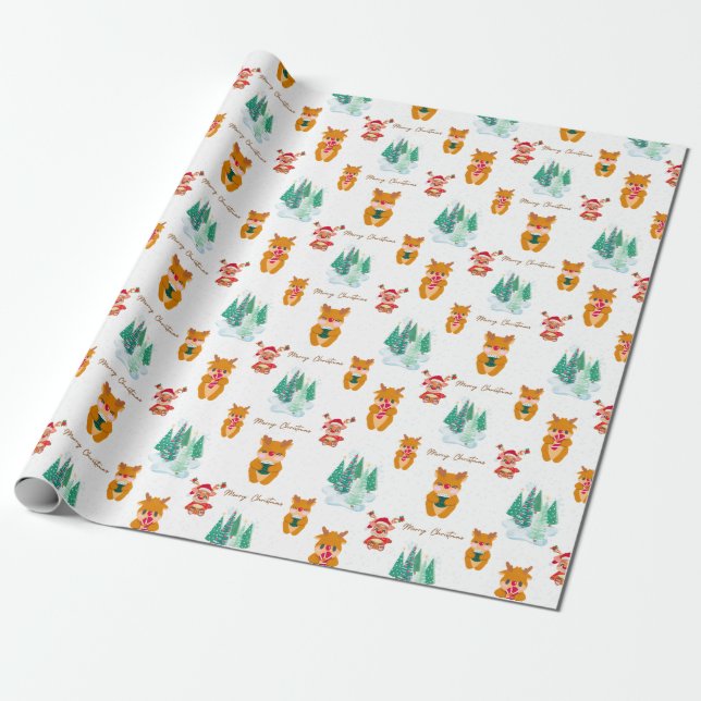 Cute Reindeer Family Christmas Wrapping Paper (Unrolled)
