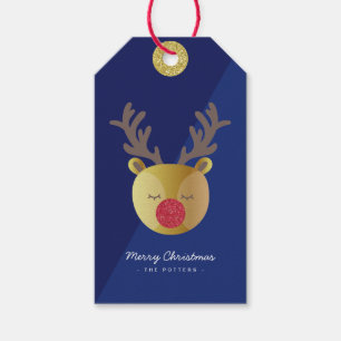 Cute Reindeer Fun Christmas Blue & Gold Gift Tags