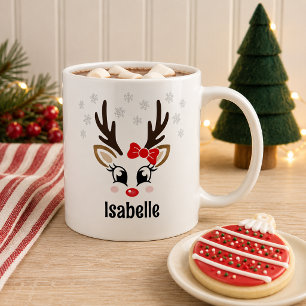 Cute Reindeer Girl Red Bow Snowflake Coffee Mug