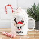 Cute Reindeer Girl Santa Hat Custom Name Christmas Coffee Mug<br><div class="desc">Cute and girly Christmas coffee or hot cocoa mug features an illustration of a sweet Rudolph reindeer girl face with a shiny red nose, eyelashes, and antlers. She is dressed up with a red Santa Claus hat and surrounded by light grey snowflakes. Personalize this festive hot chocolate mug with a...</div>