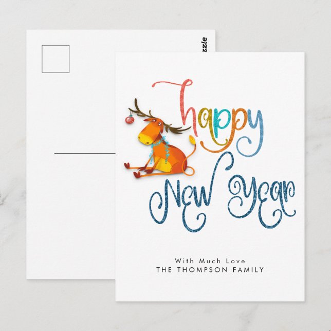 Cute Reindeer Glitter Happy New Year Postcard (Front/Back)