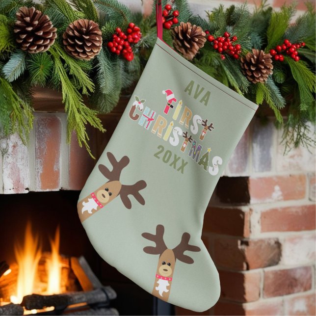 Cute Reindeer Green First Christmas Stocking (A cute 1st Christmas Stocking. Just add your little one's name and year.)