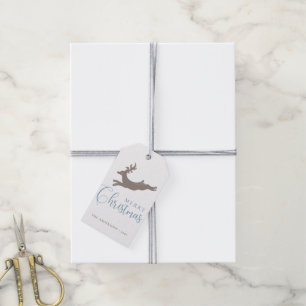 Cute Reindeer   Grey Blue Merry Christmas Gift Tag