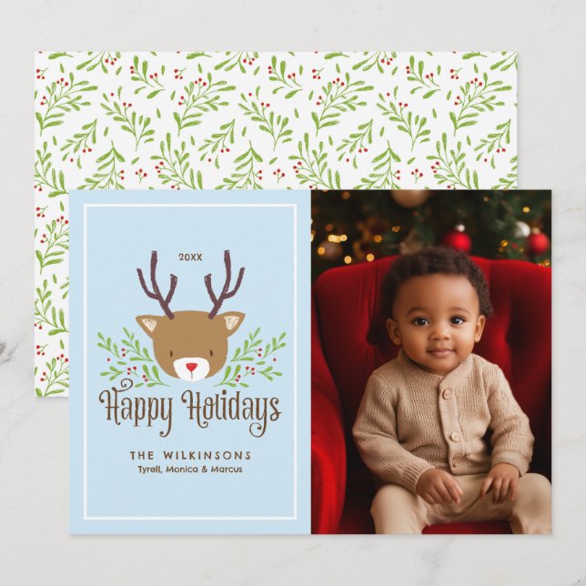 Cute Reindeer Happy Holidays Holiday Photo Card (Front/Back)