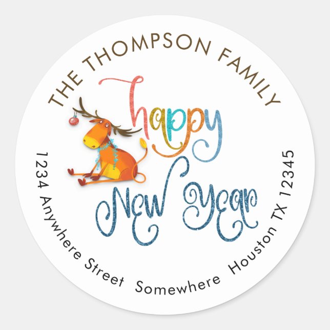 Cute Reindeer Happy New Year Return Name Address Classic Round Sticker (Front)