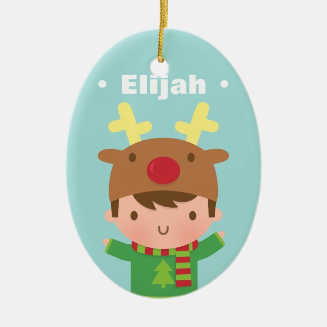 Cute Reindeer Hat Boy Name Christmas Decor Ceramic Ornament (Front)