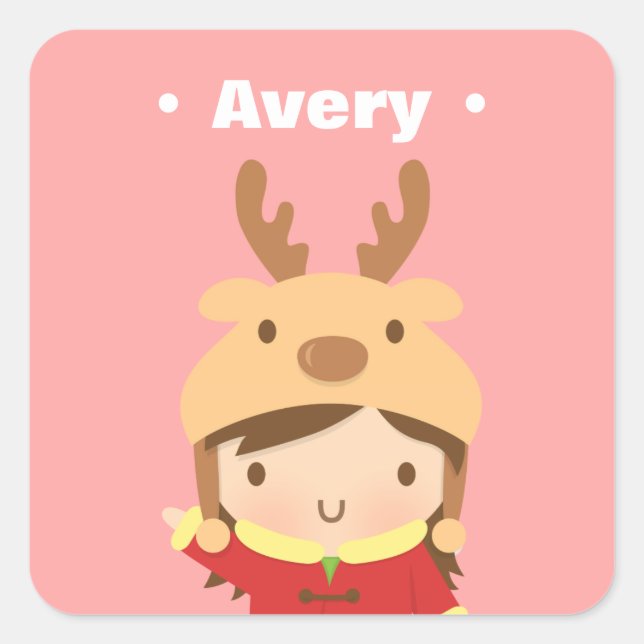 Cute Reindeer Hat Girl Kids Christmas Fillers Square Sticker (Front)