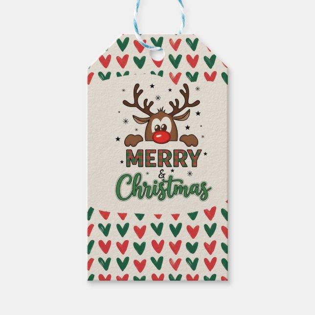 Cute Reindeer Heart Pattern  Christmas Gift Tag (Front)
