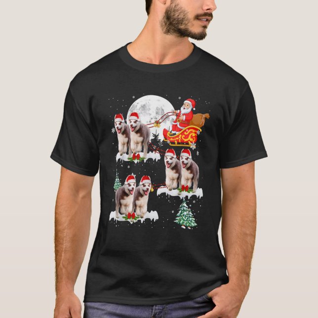 Cute Reindeer Husky Dogs Pulling Santa Sled Christ T-Shirt (Front)