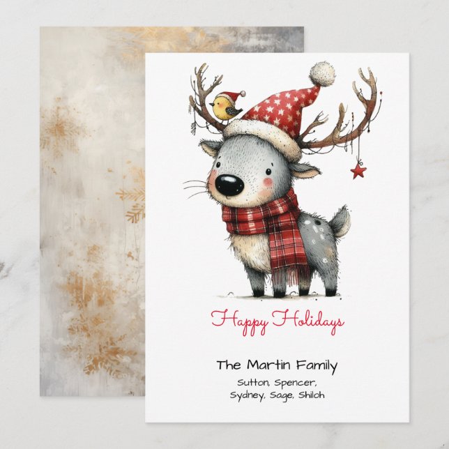 Cute Reindeer in a Santa Hat Happy  Holiday Card (Front/Back)