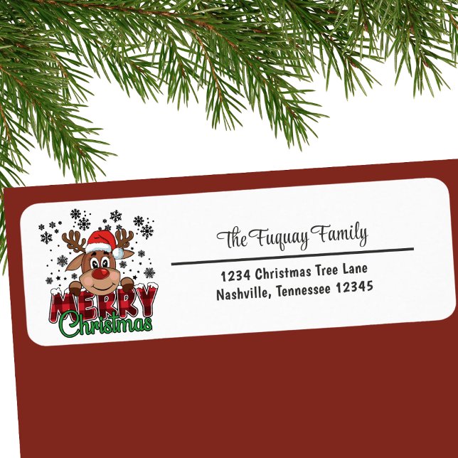 Cute Reindeer in Santa Hat Joyeux Noël Adresse (Cute Reindeer in Santa Hat Merry Christmas Address Label)