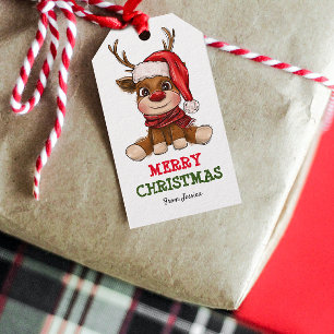 Cute Reindeer in Santa Hat Kids Christmas Gift Tags