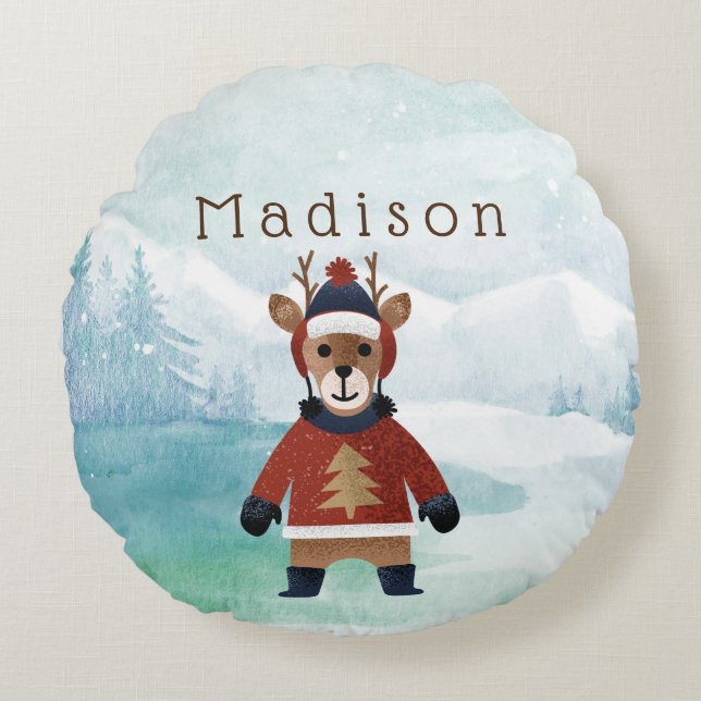 Cute Reindeer in Sweater Round Pillow (Front)