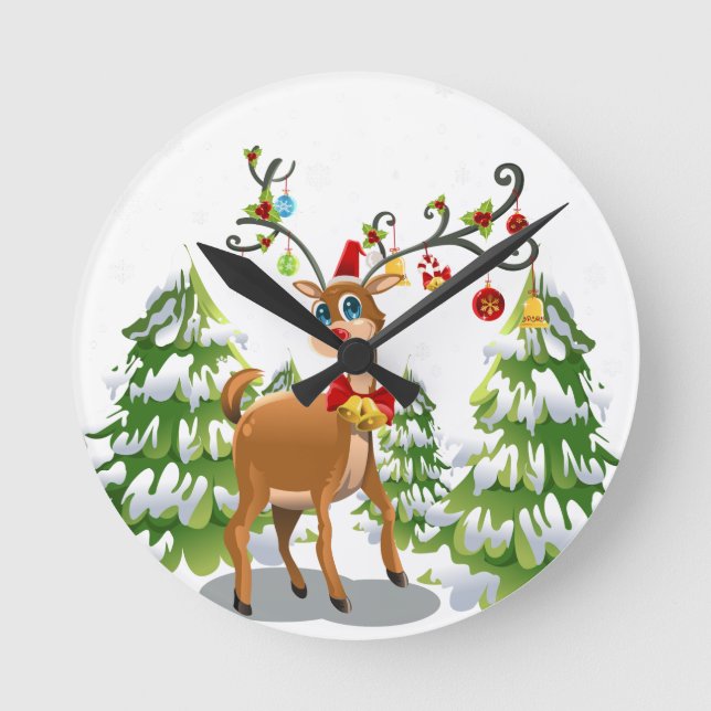 Cute Reindeer in the Snow Round Clock (Front)