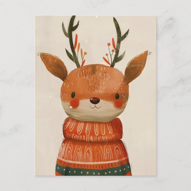 Cute Reindeer in Ugly Sweater Watercolor Christmas Postcard (Front)