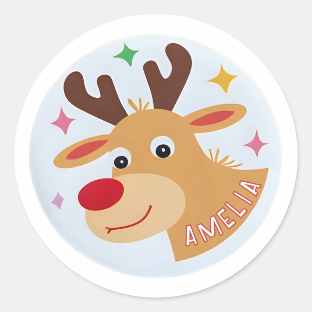 Cute Reindeer Kid`s Name Christmas Gift Classic Round Sticker (Front)