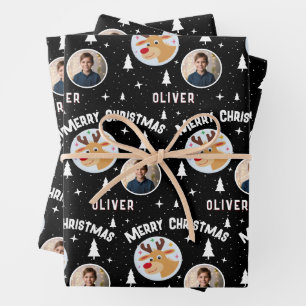 Cute Reindeer Kid`s Name Photo Christmas Wrapping Paper Sheet