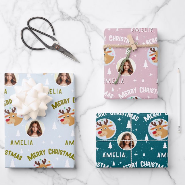 Cute Reindeer Kid`s Name Photo Christmas Wrapping Paper Sheet (Front)