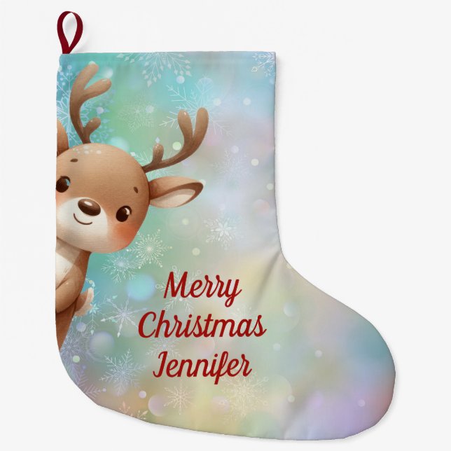 Cute Reindeer  Large Christmas Stocking (Front)