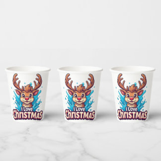 Cute Reindeer Mascot With 'I Love Christmas' Text Paper Cups