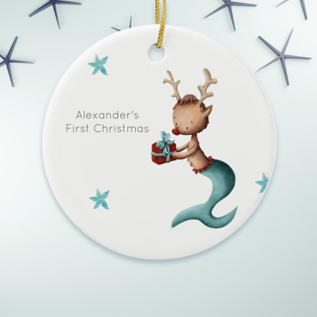 Cute Reindeer Mermaid First Christmas Whimsical Ceramic Ornament (Cute first Christmas ornament with a mermaid reindeer holding a present. )