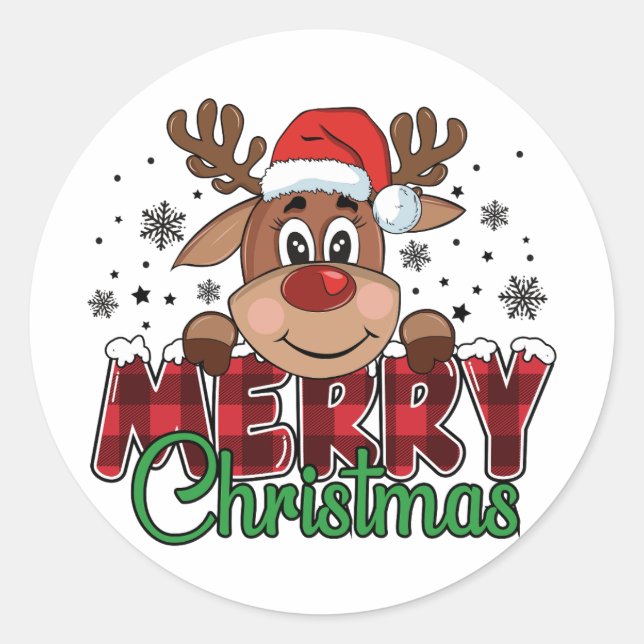 Cute Reindeer Merry Christmas Classic Round Sticker (Front)