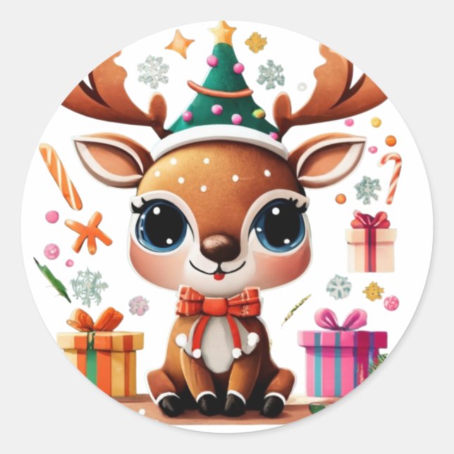 Cute Reindeer Merry Christmas Gift Classic Round Sticker (Front)