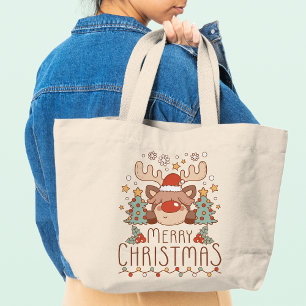 Cute Reindeer Merry Christmas Large Tote Bag