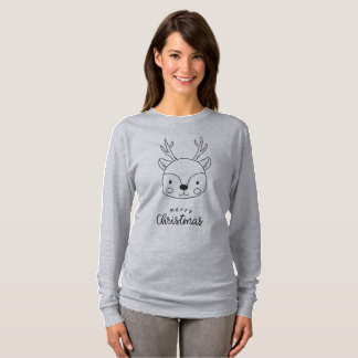 Cute Reindeer Merry Christmas Line Art T-Shirt
