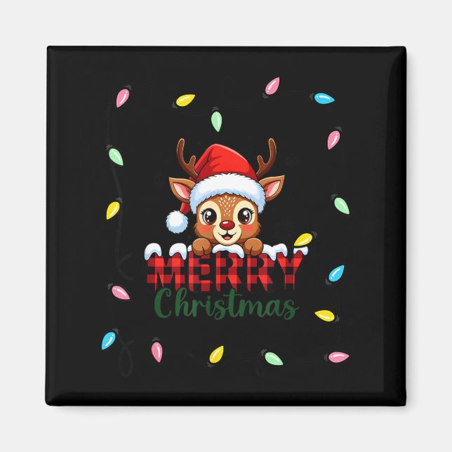 Cute Reindeer Merry Christmas Shirt –plaid Holiday Magnet (Front)