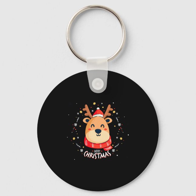 Cute Reindeer Merry Xmas Merry Christmas Happy New Keychain (Front)