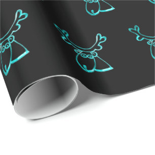Cute Reindeer Pattern Black Turquoise Christmas Wrapping Paper