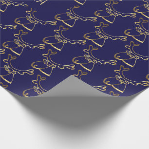 Cute Reindeer Pattern Faux Gold Blue Christmas Wrapping Paper