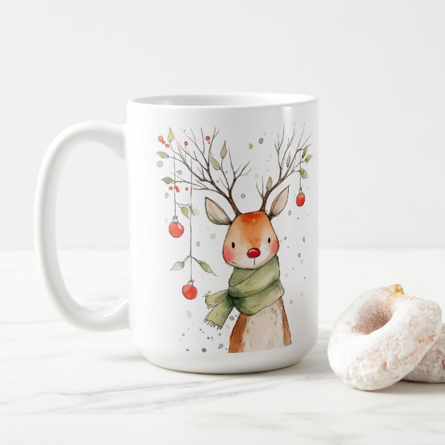 Cute Reindeer Personalized Christmas Coffee Mug (With Donut)