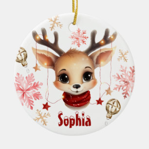 Cute Reindeer Personalized Christmas Snowflake Ceramic Ornament