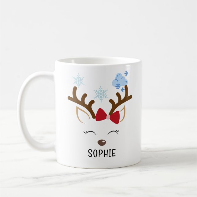 Cute Reindeer Personalized Name Christmas Coffee Mug (Left)
