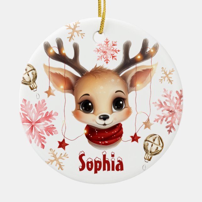 Cute Reindeer Personalized Tree Ornament (Front)