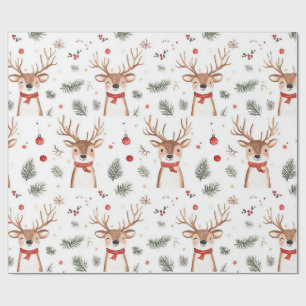 Cute Reindeer & Pine Christmas Holiday Wrapping Paper